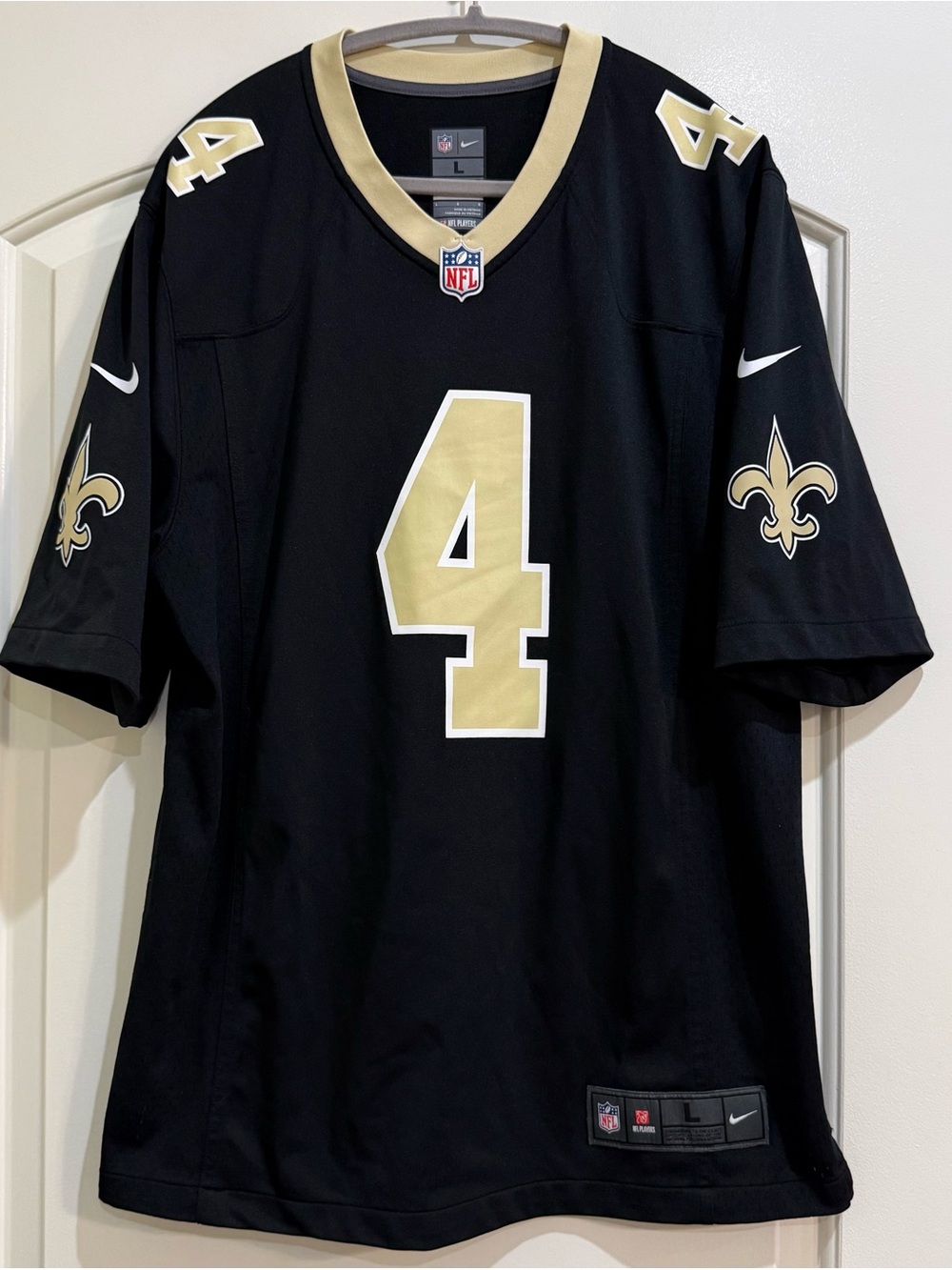Nike Men's Black and Gold New Orleans Saints Derek Carr #4 Jersey. L